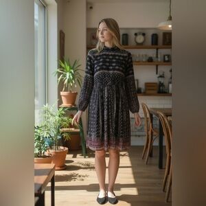 Long Sleeves Multi Pattern Midi Dress Elastic Waist Back Zipper Size - S/M